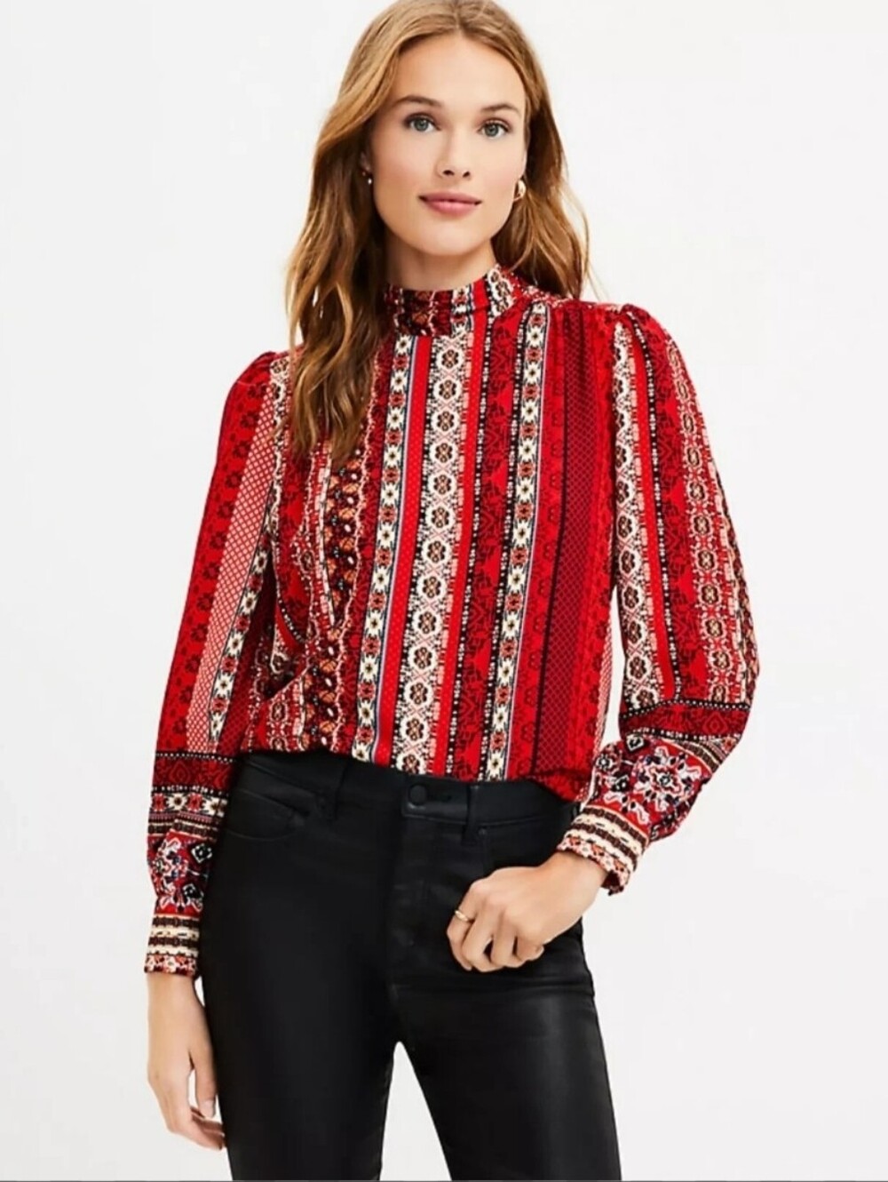 LOFT Red Printed High-Neck Long-Sleeve Blouse Size XL